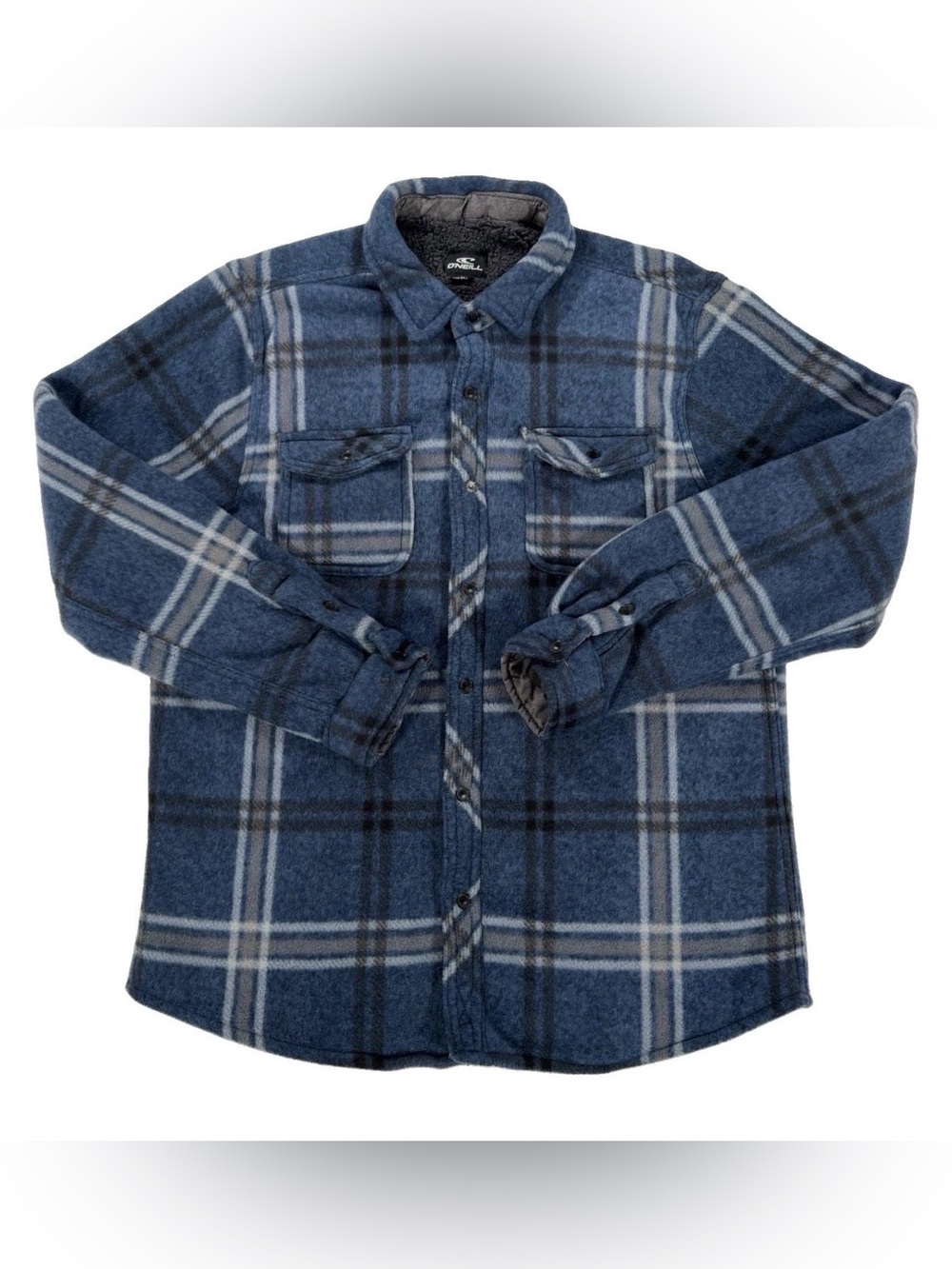 O'Neill Superfleece Mens Medium Blue Plaid Shirt Jacket Shacket Sherpa Fleece